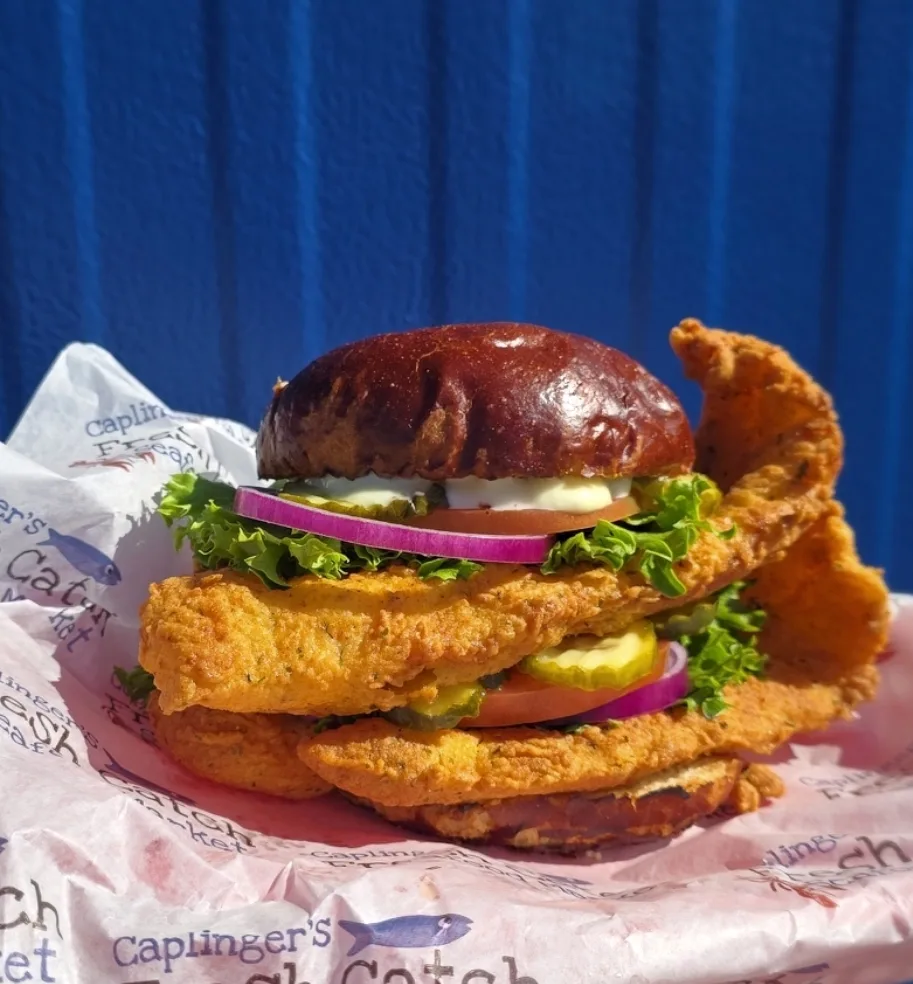 The Big Catch double-decker fish sandwich at Caplinger's Fresh Catch